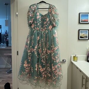 JessaKae Green and Pink Floral Midi Dress